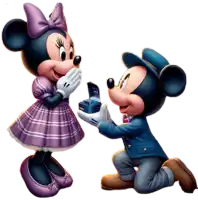 mickey mouse is proposing to minnie mouse with a box that says me