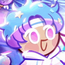 a close up of a cartoon character with blue hair and purple glasses .