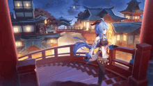 a girl with long blue hair is standing on a balcony