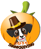 a cartoon dog wearing a pilgrim hat with the words happy thanksgiving below it