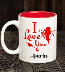 a coffee mug that says " i love you amrin "