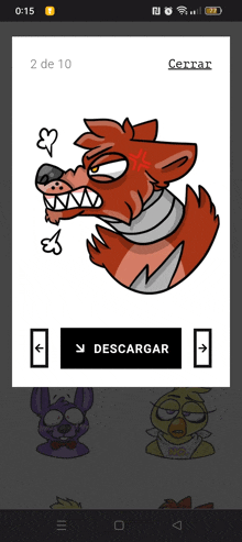 a phone screen shows a cartoon of a fox with an angry face and a button to download