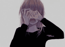 a girl with blonde hair is covering her eyes with her hands .