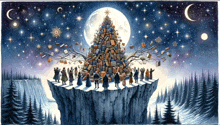 a group of people standing on a cliff in front of a christmas tree made of books