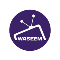 a purple and white logo for waseem with a tv on it