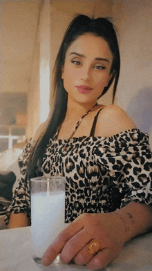 a woman in a leopard print shirt holds a glass of milk