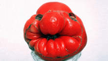 a large red tomato with holes in it is sitting on a glass bowl