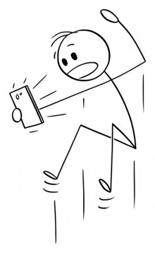 a black and white cartoon of a stick figure holding a cell phone and taking a selfie .