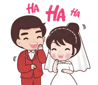 a cartoon of a bride and groom laughing with ha ha ha