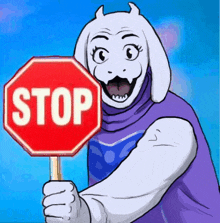 a cartoon character holding a stop sign in front of a blue sky