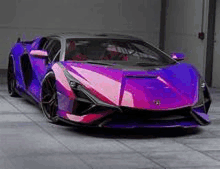 a purple and pink supercar is parked in a garage .