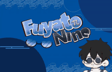 a boy wearing glasses is standing in front of a blue background that says futato nine