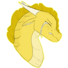 a drawing of a yellow dragon crying with tears coming out of its eyes .