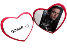 a heart shaped mirror with a picture of a man and the words goatiff < 3