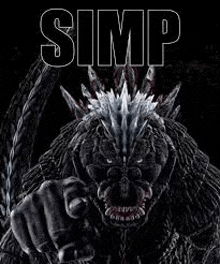 a black and white photo of a monster pointing at the camera with the words `` simp '' written on it .