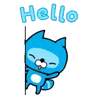 a blue cat is peeking out from behind a wall with the word hello written above it