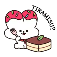 a cartoon character is holding a fork and a piece of cake with the word tiramisu written around it