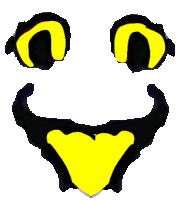 a black and yellow smiley face with a yellow mouth