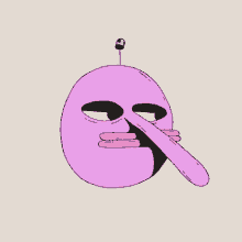 a cartoon drawing of a purple face with a yellow capsule on top