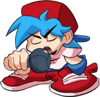 a cartoon character with blue hair is holding a microphone in his mouth