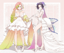 a drawing of two women in wedding dresses