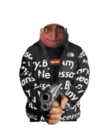 a despicable me character is holding a gun in a supreme jacket