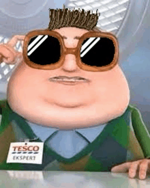 a fat cartoon character wearing sunglasses and a name tag .