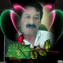 a man with a mustache is surrounded by hearts and a flag