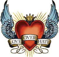 a heart with wings and a crown has a banner that says love over hate