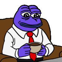 a purple frog wearing a white shirt and red tie is sitting in a chair holding a cup of coffee