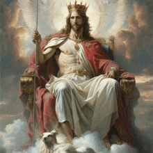 a painting of jesus sitting on a throne with a sheep