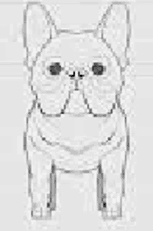 a black and white drawing of a french bulldog standing on a white surface .