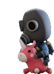 a cartoon character wearing a gas mask is riding on the back of a pink stuffed animal .