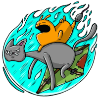 a cartoon drawing of a cat riding another cat on its back