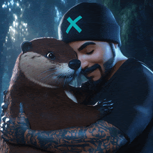 a man wearing a black beanie with an x on it is hugging a otter