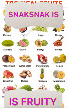 a list of tropical fruits with the words snaksnak is is fruity at the top