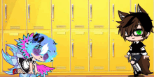 a boy and a girl are standing in front of lockers