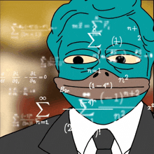 a cartoon of a man in a suit and tie with mathematical equations written on his face