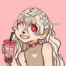 a drawing of a girl holding a cup that says nudekay on it