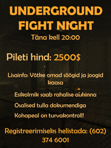 an advertisement for underground fight night shows a dark room