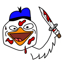 a drawing of a chicken with blood on its face holding a knife