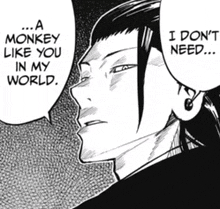 a black and white image of a man with a speech bubble that says a monkey like you in my world