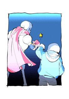 a drawing of papyrus and sans holding hands with a star