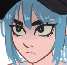 a drawing of a girl with blue hair and a hat