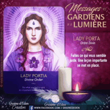 a lady portia divine order tarot card with a candle