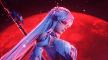 a woman with long white hair stands in front of a red moon