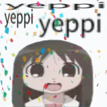 a picture of a girl with confetti and the words yeppi yeppi