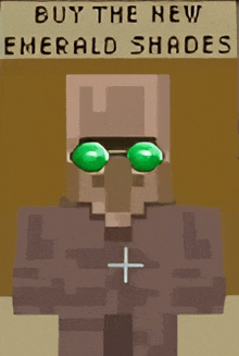 a sign that says buy the new emerald shades is above a minecraft character