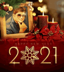 a happy new year greeting card with a picture of a man in sunglasses