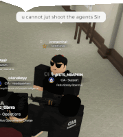 a screenshot of a video game with a speech bubble that says u cannot just shoot the agents sir